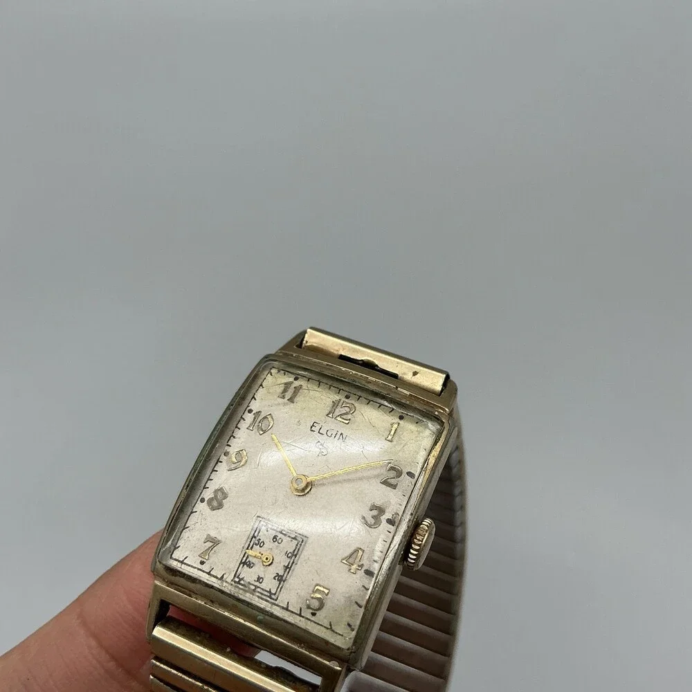 Vintage Elgin Mens Watch 21mm Tank 10K Gold Filled Expansion Band Manual